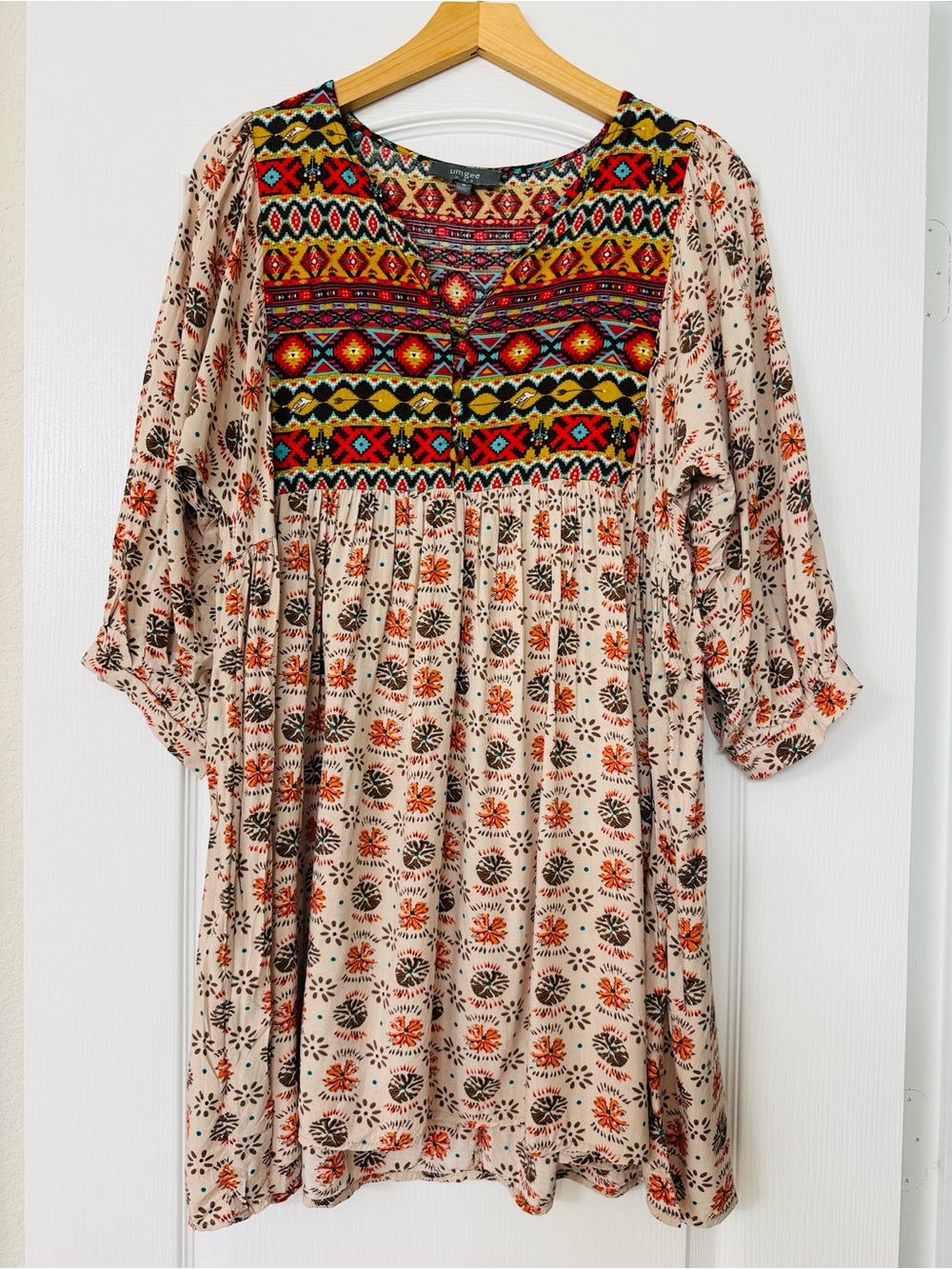 Umgee • Boho Mixed Print Babydoll Tunic Dress Balloon Sleeve
